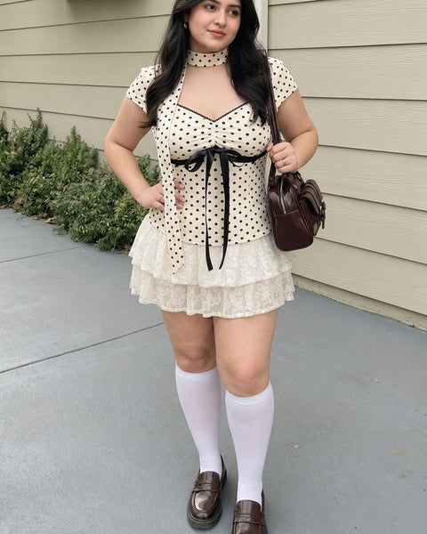 Polka Dot Scarf Neck Top Curve and Plus in Cream