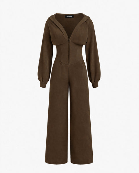 Zip Front Wide Leg Jumpsuit in Chocolate Brown