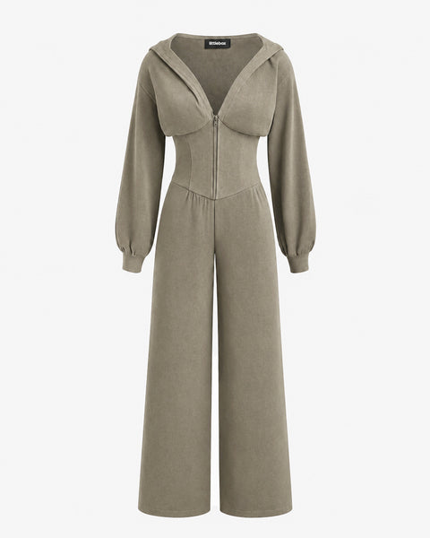 Zip Front Wide Leg Jumpsuit in Mocha Brown