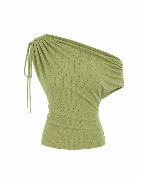 Ruched Asymmetrical Off Shoulder Top in Herbal Green
