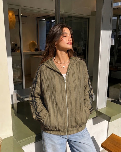 Contrast Stripe Hooded Zip Up Jacket in Brown