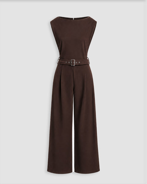 Belted Wide Leg Jumpsuit in Cocoa Brown