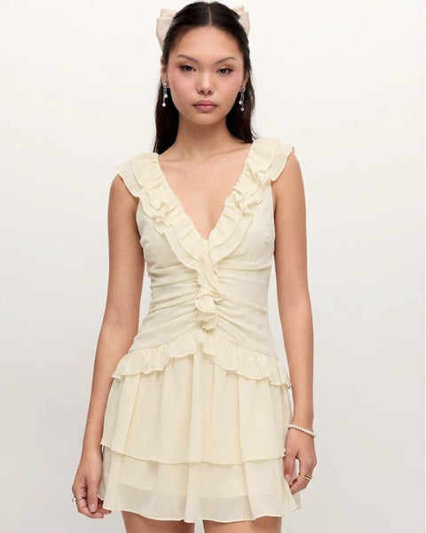 Ruffle Trim Ruched Mini Dress in Cream