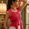 Ruffle Trim Shirred Peplum Cami Top in Raspberry Pink