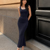 Scoop Neckline Sleeveless Fitted Maxi Dress in Dark Navy Blue