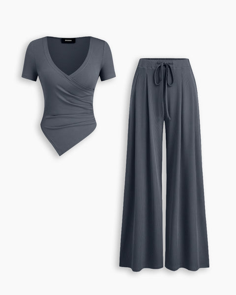 Wrap Asymmetric Top and Wide Leg Trousers Co-Ord Set in Dark Grey
