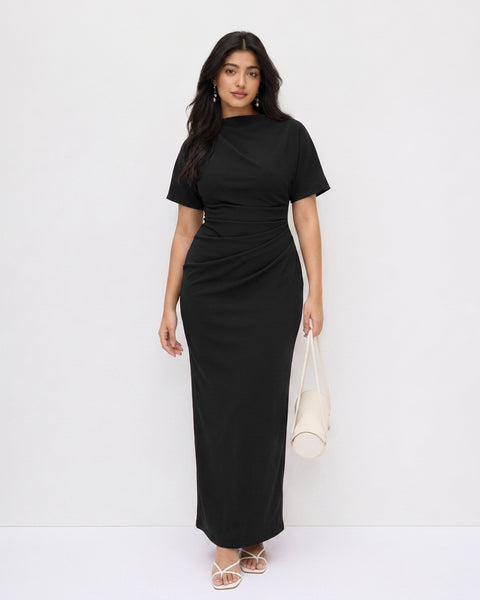 Ruched Boat Neck Dress Curve and Plus in Classic Black