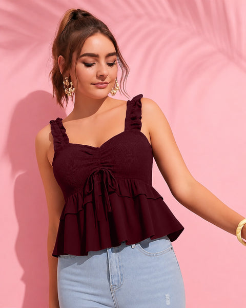 Ruched Peplum Cami Top in Deep Maroon