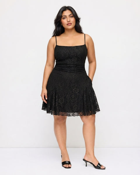 Lace Square Neck Fit and Flare Mini Dress Curve and Plus in Classic Black