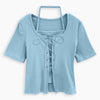 Tie Front Scoop Neck Ribbed Top in Baby Blue