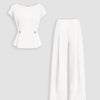 Cap Sleeve Buckle Detail Top and Wide Leg Trousers Co-ord Set in Classic White