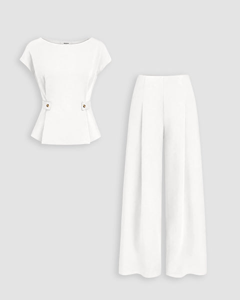 Cap Sleeve Buckle Detail Top and Wide Leg Trousers Co-ord Set in Classic White