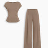 Cap Sleeve Buckle Detail Top and Wide Leg Trousers Co-ord Set in Mocha Brown