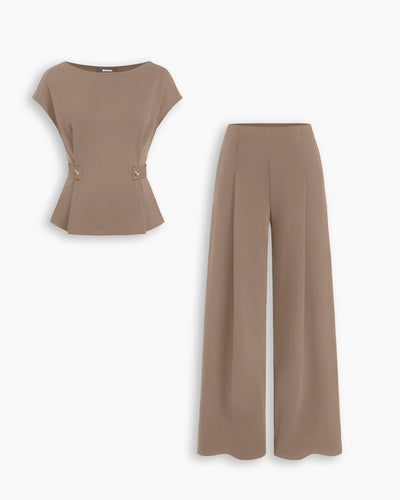 Cap Sleeve Buckle Detail Top and Wide Leg Trousers Co-ord Set in Mocha Brown