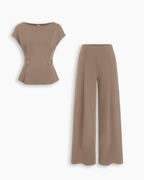 Cap Sleeve Buckle Detail Top and Wide Leg Trousers Co-ord Set in Mocha Brown