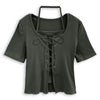 Tie Front Scoop Neck Ribbed Top in Dark Grey