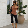 Ruched Asymmetrical Hem Top in Caramel Brown