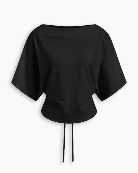 Boat Neck Batwing Sleeve Cinched Waist Top in Classic Black