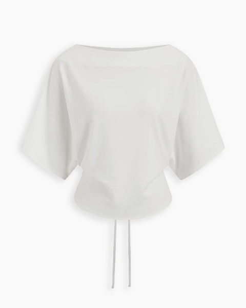 Boat Neck Batwing Sleeve Cinched Waist Top in Classic White
