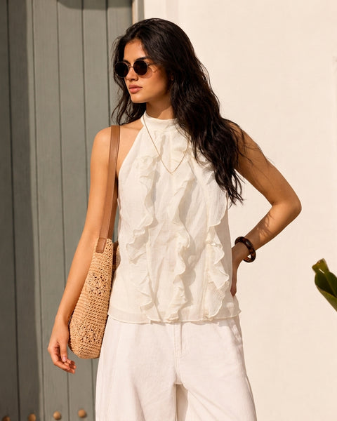 Halter Neck Sleeveless Ruffle Top in Pearl White