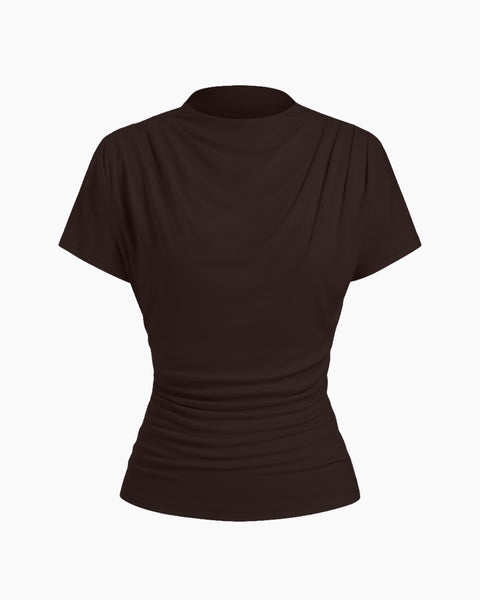 Draped Mock Neck Fitted Top in Cocoa Brown