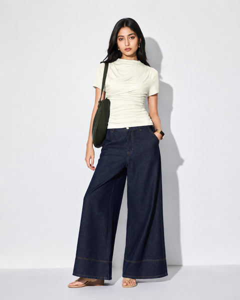 Draped Mock Neck Fitted Top in Off White