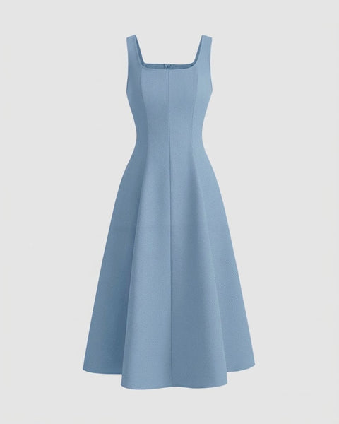 Square Neck Fit and Flare Midi Dress in Baby Blue
