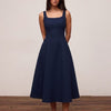 Square Neck Fit and Flare Midi Dress in Navy Blue
