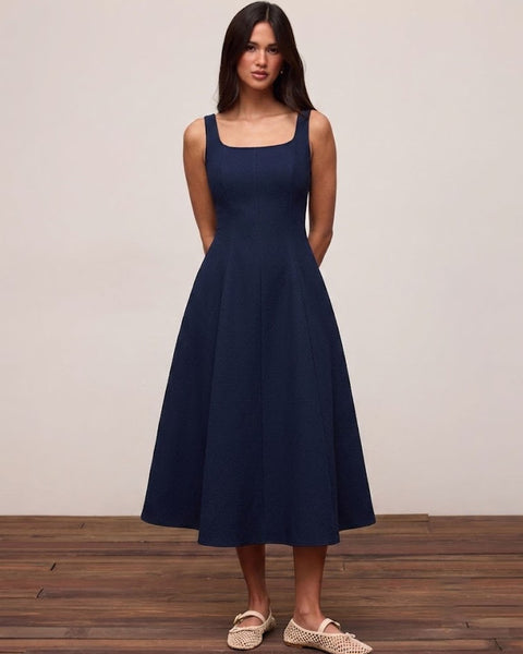 Square Neck Fit and Flare Midi Dress in Navy Blue