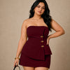 Strapless Button Detail Tube Top and Mini Skirt Co-ord Set Curve and Plus in Burgundy