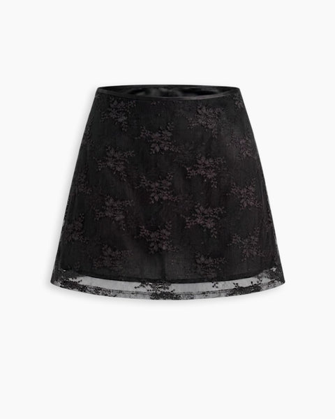 Lace-Trim A-Line Mini Skirt in Classic Black