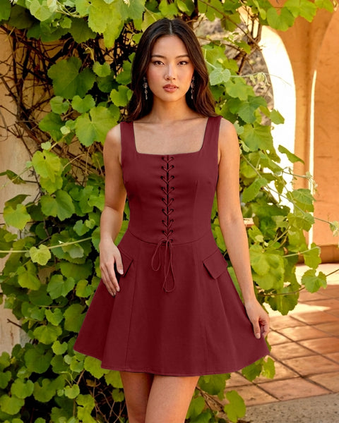 Corset Detail Fit and Flare Mini Dress in Burgundy