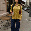 Sheer Crinkle Button Front Shirt in Gold