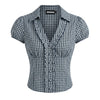 Striped Collared Button Down Fitted Puff Sleeve Top in Pageant Blue and Classic White