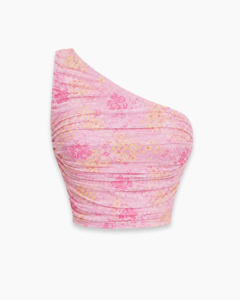 One Shoulder Ruched Floral Crop Top in Blush Pink