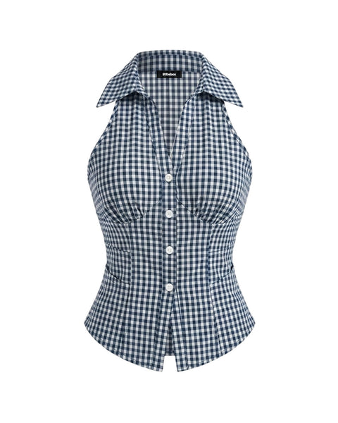 Checkered Collared Button Down Halter Top in Pageant Blue and Classic White
