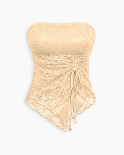 Ruched Lace Handkerchief Tube Top in Vanilla