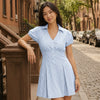 Striped Collared Puff Sleeve Button Down Mini Dress in Powder Blue
