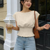 Boat Neck Shirred Waist Short Sleeve Top in Off White