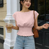 Boat Neck Shirred Waist Short Sleeve Top in Baby Pink