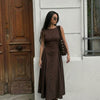 Button Front Sleeveless Fit and Flare Midi Dress in Cocoa Brown