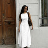 Button Front Sleeveless Fit and Flare Midi Dress in Classic White