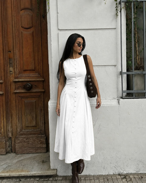 Button Front Sleeveless Fit and Flare Midi Dress in Classic White