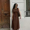 Button Front Sleeveless Fit and Flare Midi Dress in Rust Brown