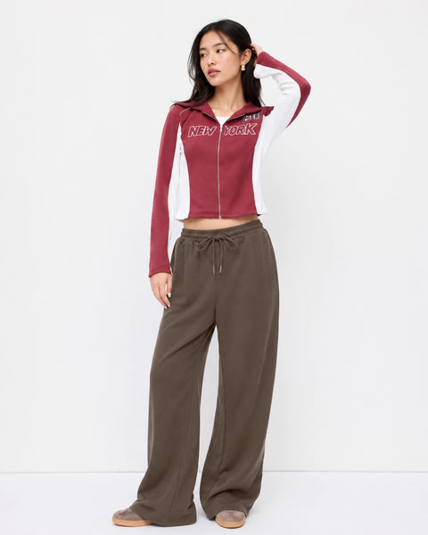 High Waist Wide Leg Drawstring Sweatpants in Coffee Brown