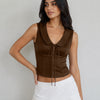 Collared Lace-Up Fitted Crop Top in Coffee Brown
