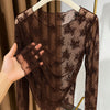 Sheer Round Neck Long Sleeve Top in Chocolate Brown