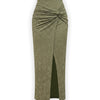 Ruched Side Slit Jacquard Midi Skirt in Olive Green