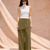 Textured Drawstring Wide Leg Pants in Olive Green