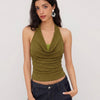 Cowl Neck Sleeveless Draped Knit Top in Olive Green